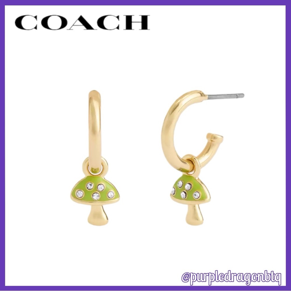 Coach Gold Tone Green Mushroom Hoop Drop Earrings